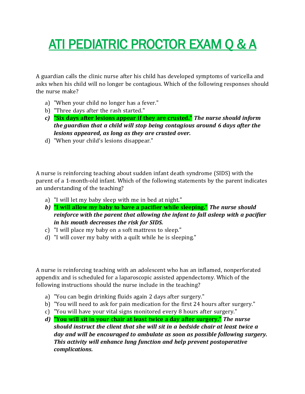 Preview of Nursing ATI Pediatric Proctored Exam Questions & Answers Graded A